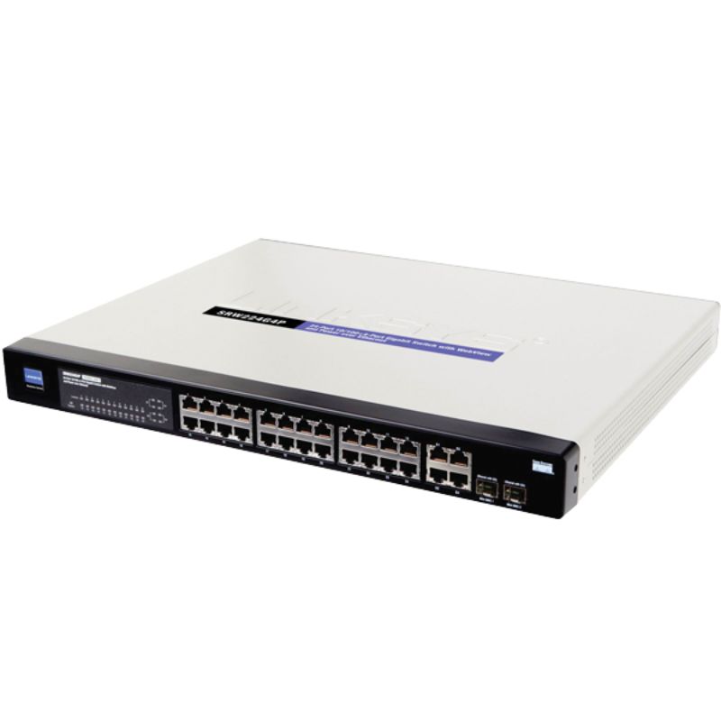 Cisco SF350-24P switch with (24) 10/100 Ethernet ports and (4) fixed 10/100/1000 Ethernet uplink ports with PoE & 2 SFP Ports